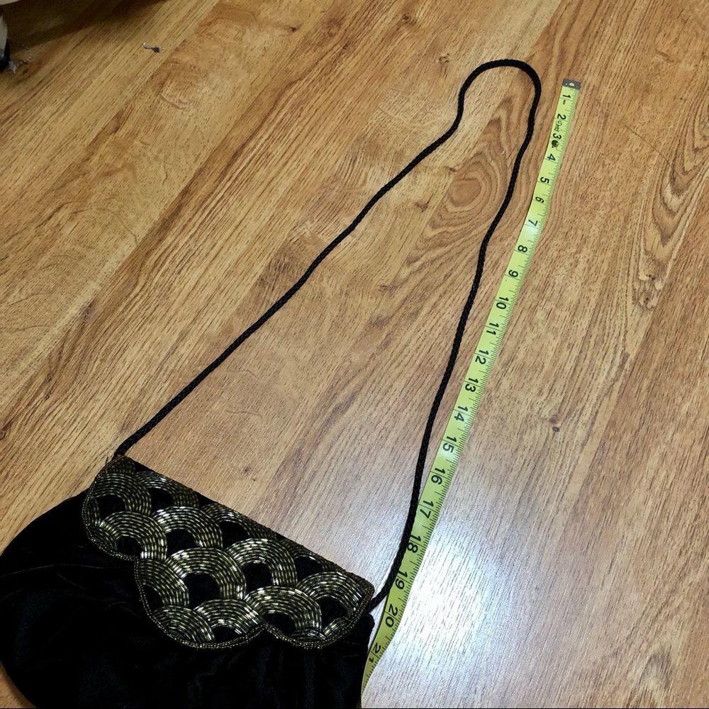 Vintage 70s Crushed Velvet Mini Shoulder Bag Beaded Black Gold Sparkly Art Deco - Picture 9 of 9